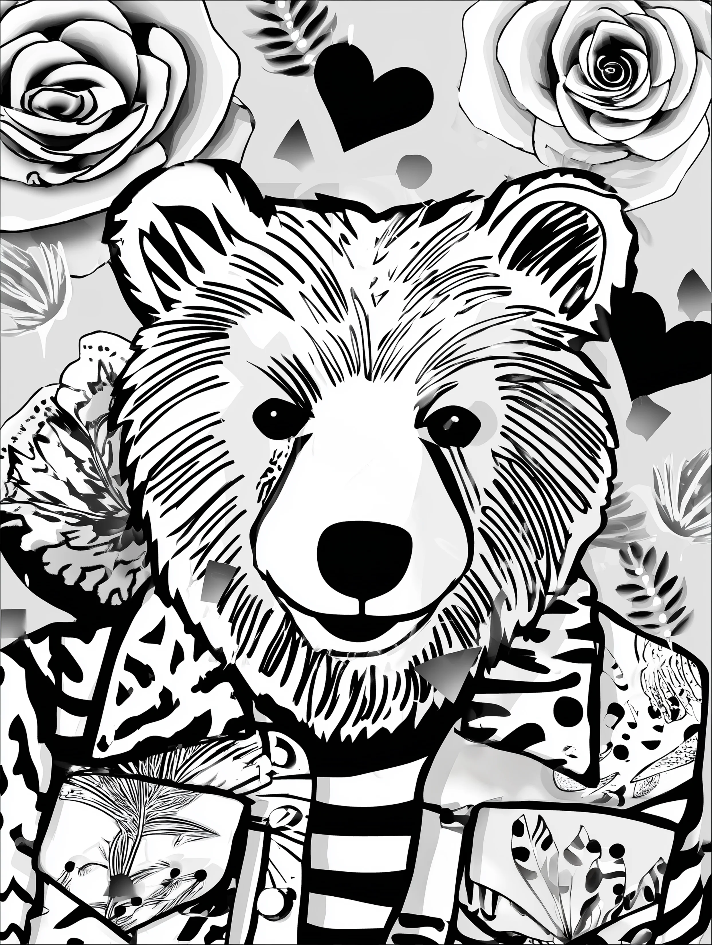 Free printable bear coloring book page featuring a bear wearing an 80s jacket